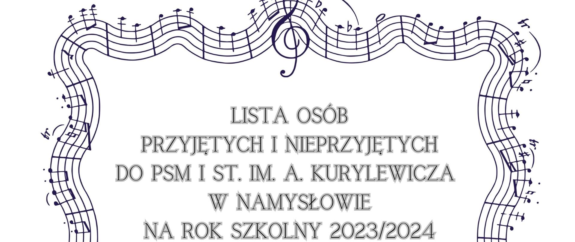 Plakat na białym tle z wpisem: Lista osób przyjętych i nieprzyjętych do PSM I st. im. A. Kurylewicza w Namysłowie na rok szkolny 2023/2024." otoczony czarną pięciolinią z nutami.