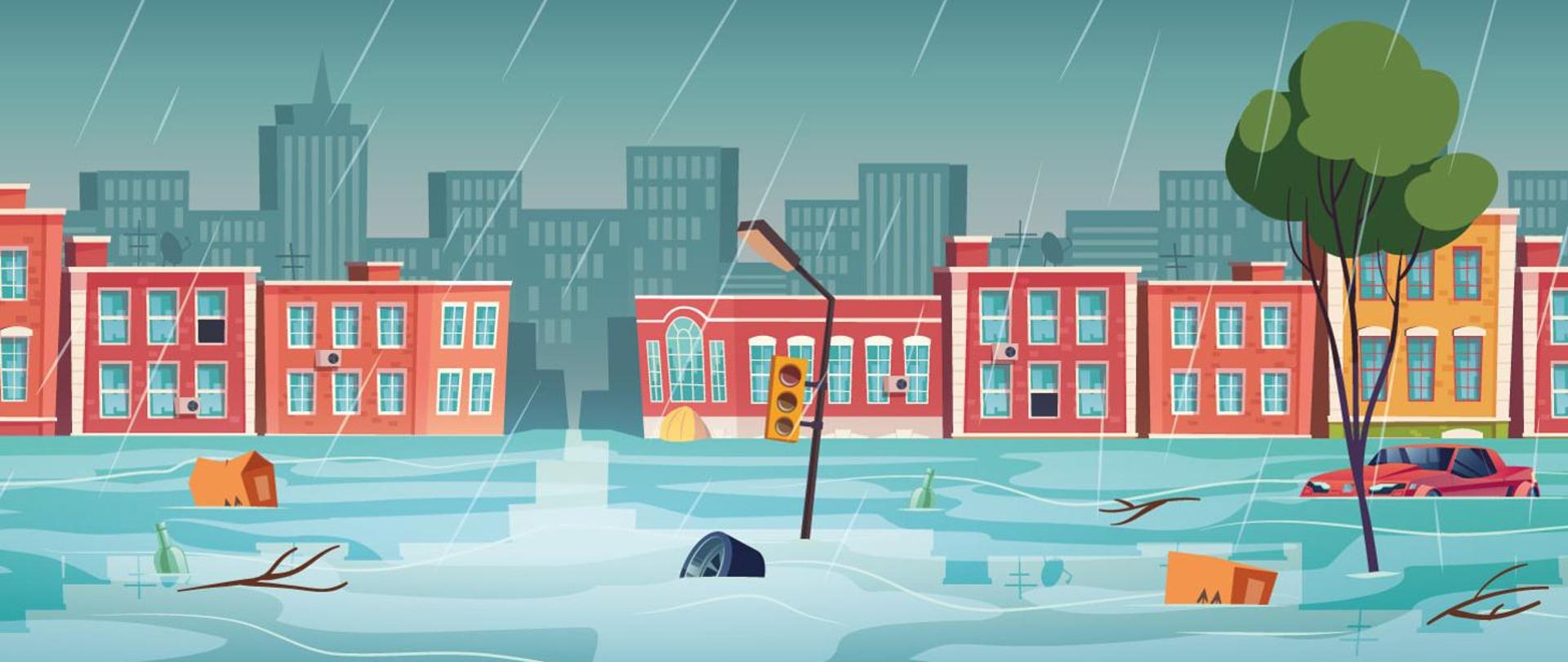 Rysunek przedstawiający zalane miasto w trakcie deszczu