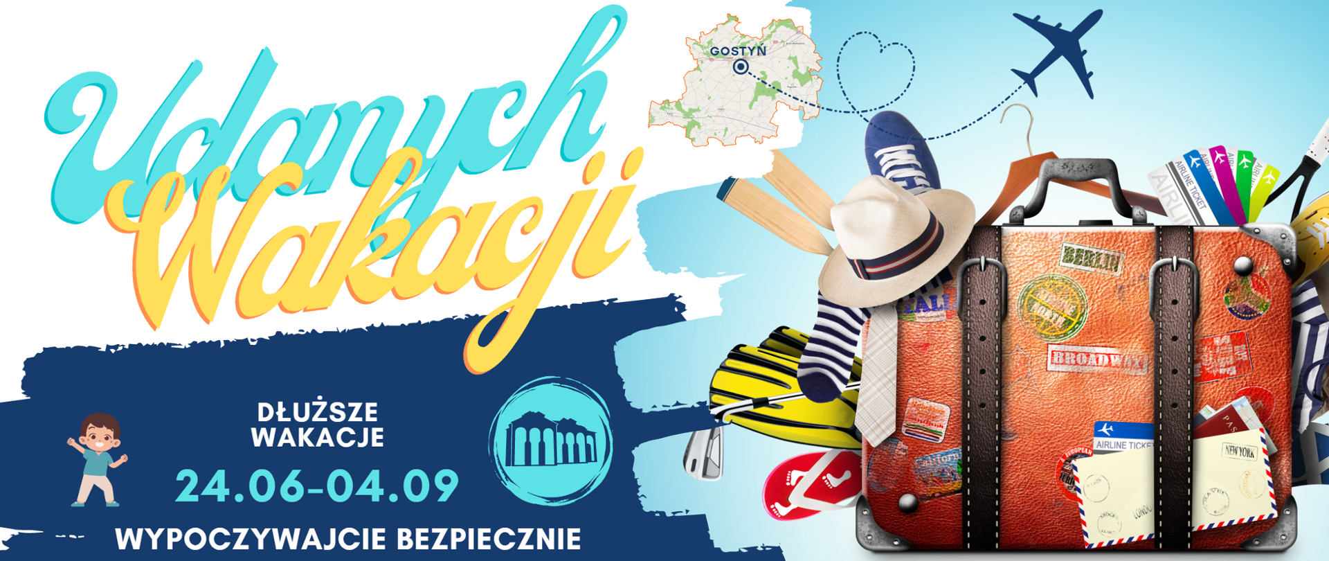 Informacja dotycząca rozpoczęcia wakacji w dniach 24 czerwca do 4 września. Z prawej strony spakowana torba podróżna z rzeczami i gadżetami. Na środku napis - udanych wakacji. 