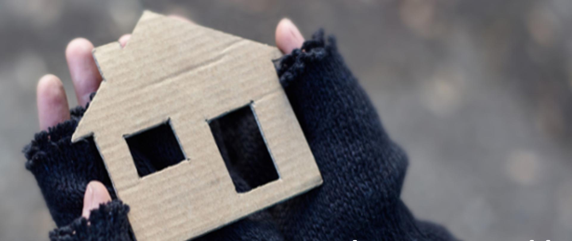 dłonie w rękawiczkach trzymające wycięty z kartonu szablon domu, podpis "Pokonać bezdomność. Program pomocy osobom bezdomnym - edycja 2021