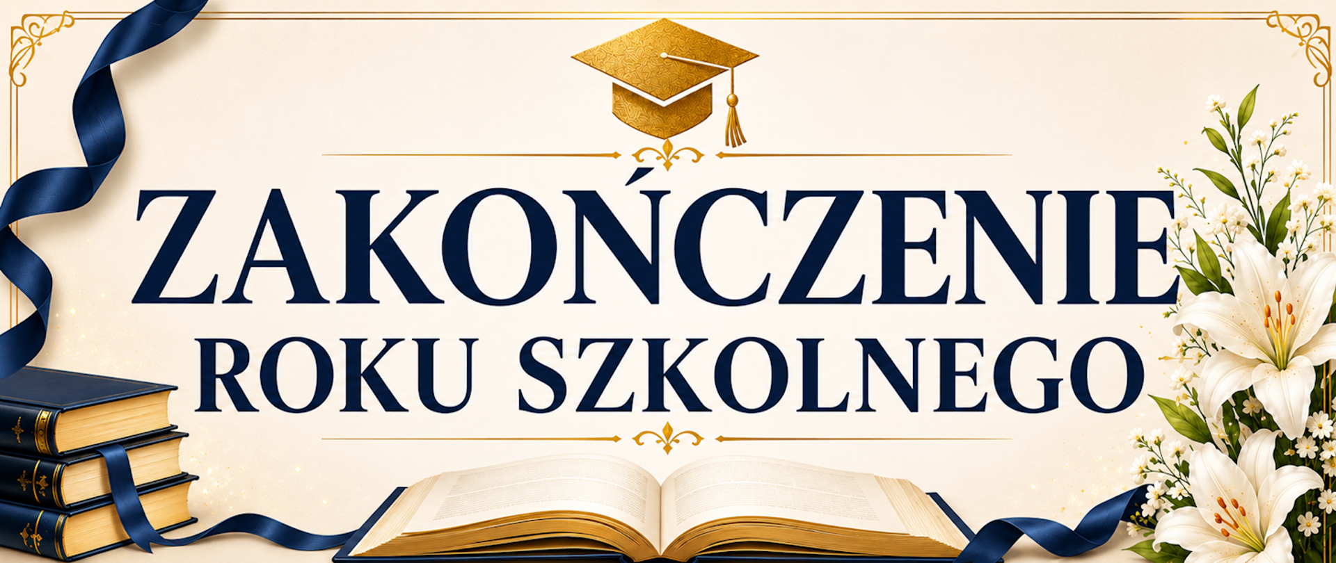 Grafika okolicznościowa z napisem „ZAKOŃCZENIE ROKU SZKOLNEGO” umieszczonym dużymi granatowymi literami na jasnym tle. U góry znajduje się złoty biret, po lewej stos granatowych książek przewiązanych granatową wstążką, a na dole otwarta książka. Prawą stronę zdobi kompozycja białych lilii i drobnych kwiatów. Całość utrzymana jest w eleganckiej kolorystyce granatu, złota i bieli, z dekoracyjną złotą ramką wokół grafiki.