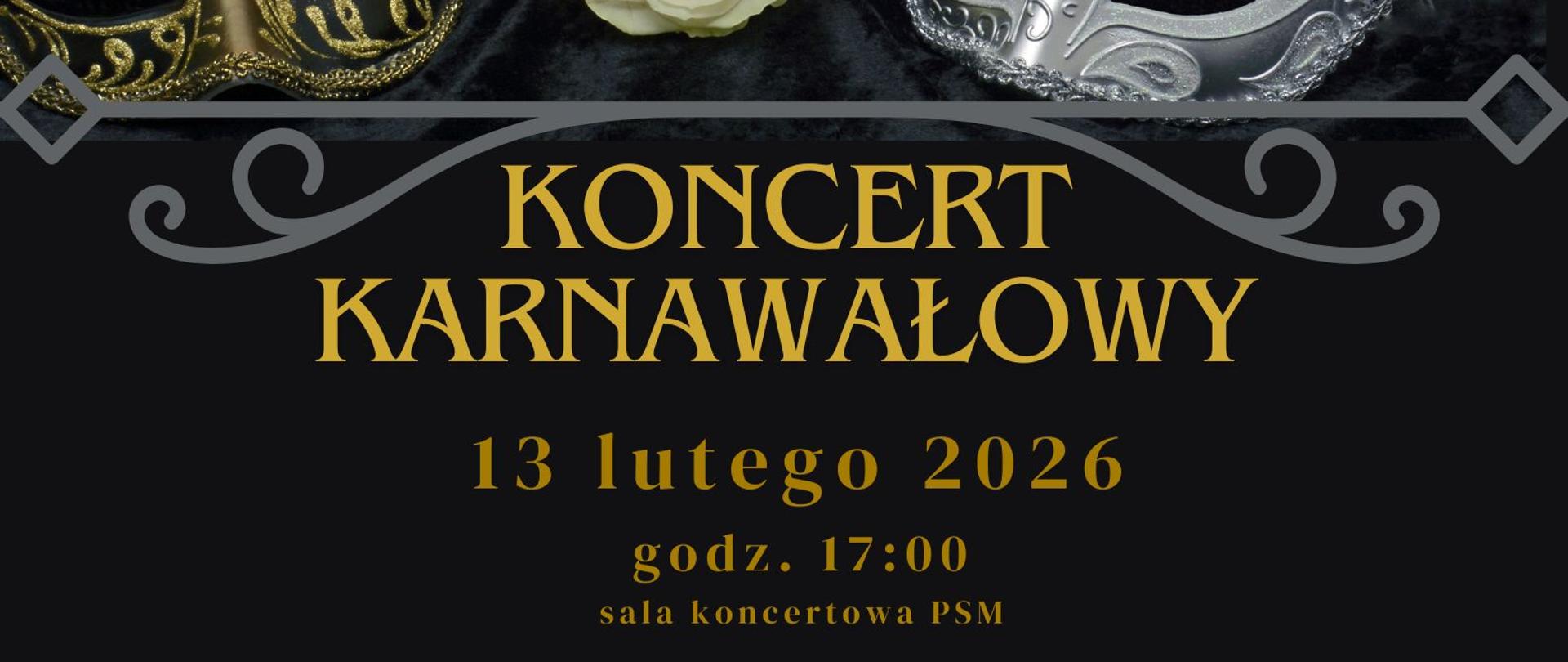 Żółty napis koncert karnawałowy na czarnym tle