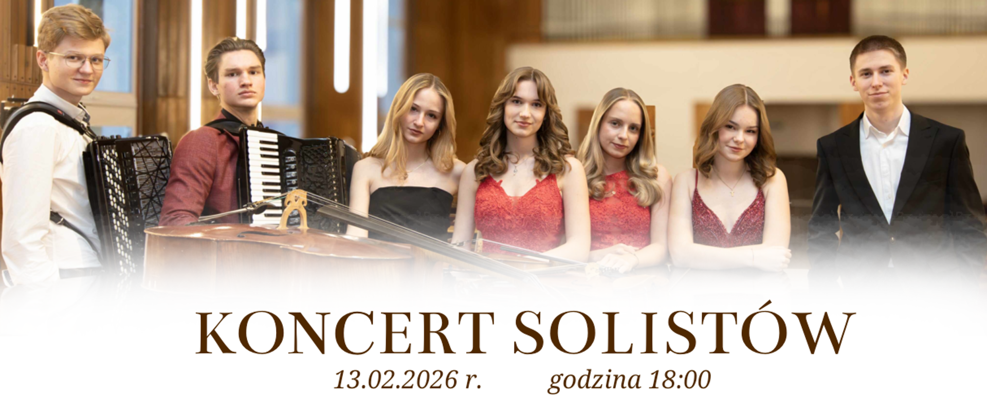 Grafika przedstawia zdjęcie uczestników koncertu solistów oraz napis na białym tle Koncert Solistów 11.02.2026 r. godzina 18:00