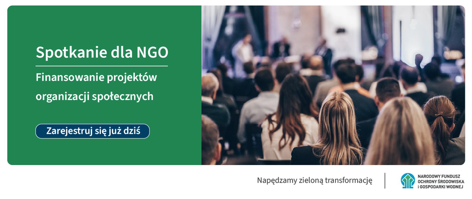 Plansza ilustracyjna. Spotkanie dla NGO. Finansowanie projektów organizacji społecznych. Zarejestruj się już dziś