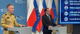 Stojący przy mównicach Komendant Główny Państwowej Straży Pożarnej oraz minister spraw wewnętrznych i administracji podczas konferencji. W tle ścianka z logotypami ministerstwa oraz flagi Polski i Unii Europejskiej