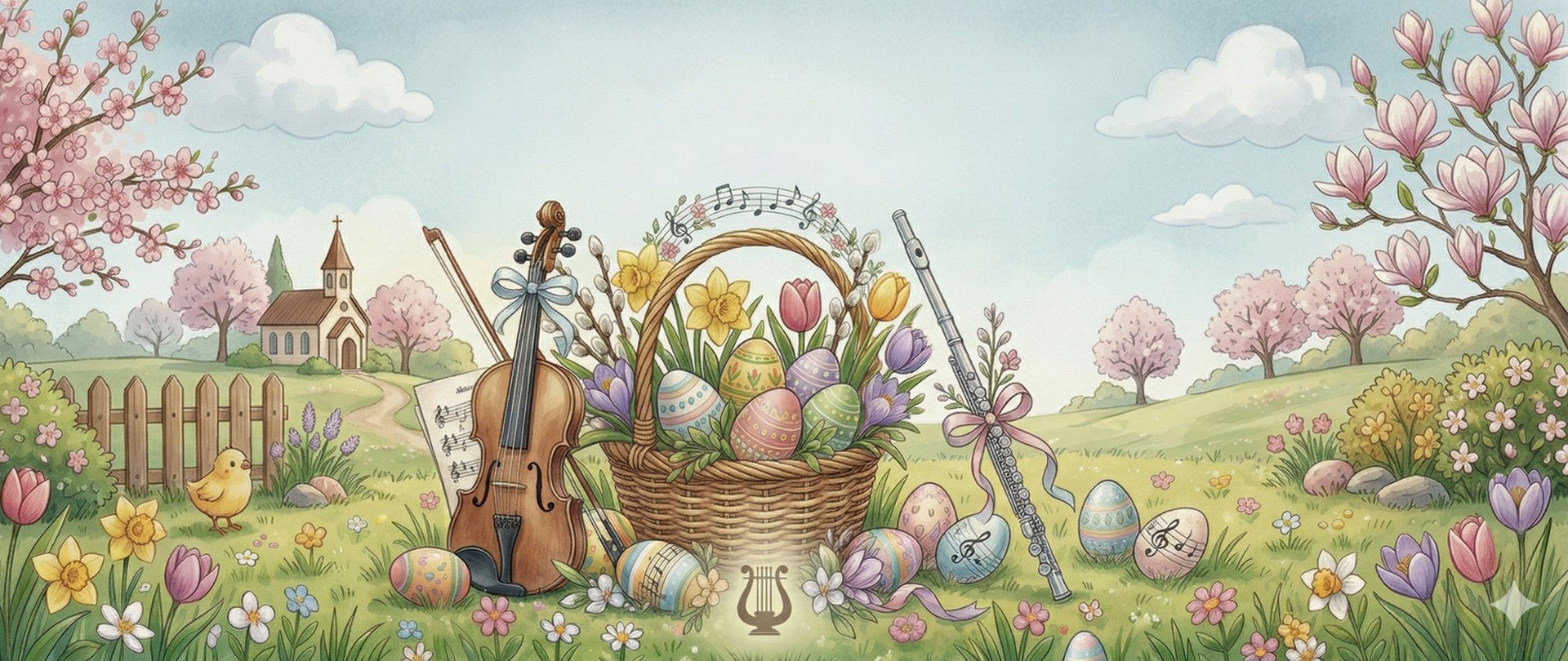 Krajobraz przedstawiający kosz z kolorowymi pisankami, po lewej skrzypce, po prawej flet. W tle kościół różowe drzewa oraz kwiaty
