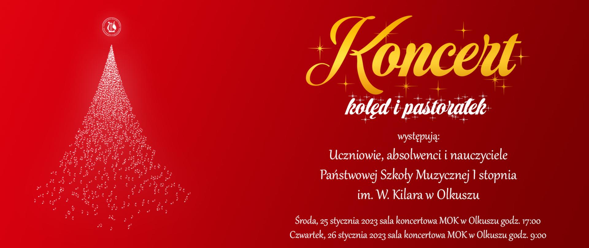 czerwone tło, żółty i biały napis, biały kształt choinki po lewej stronie