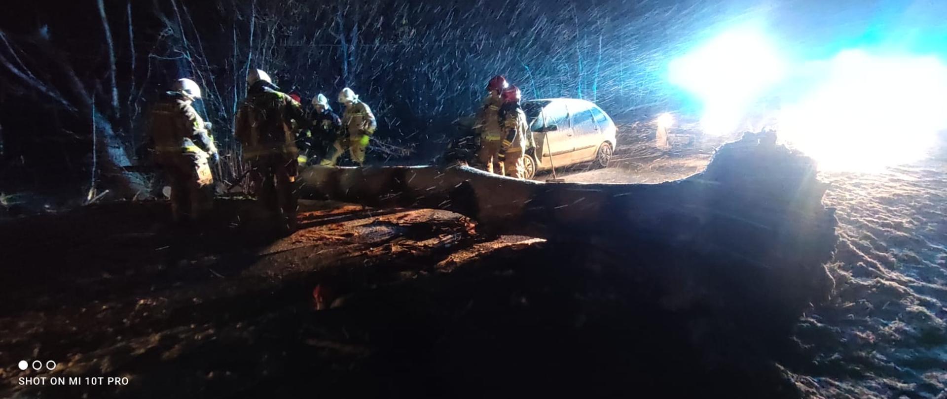 Na zdjęciu widać przewrócone drzewo, rozbity samochód oraz strażaków 