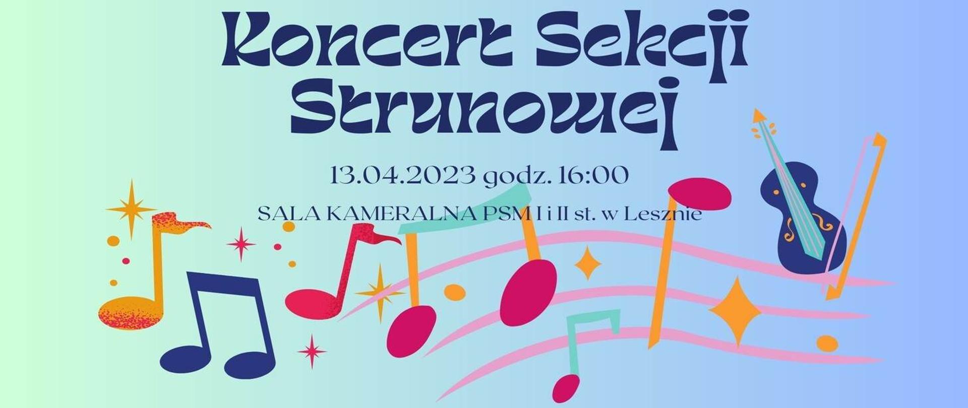 Plakat koncertu sekcji strunowej z motywami muzycznymi