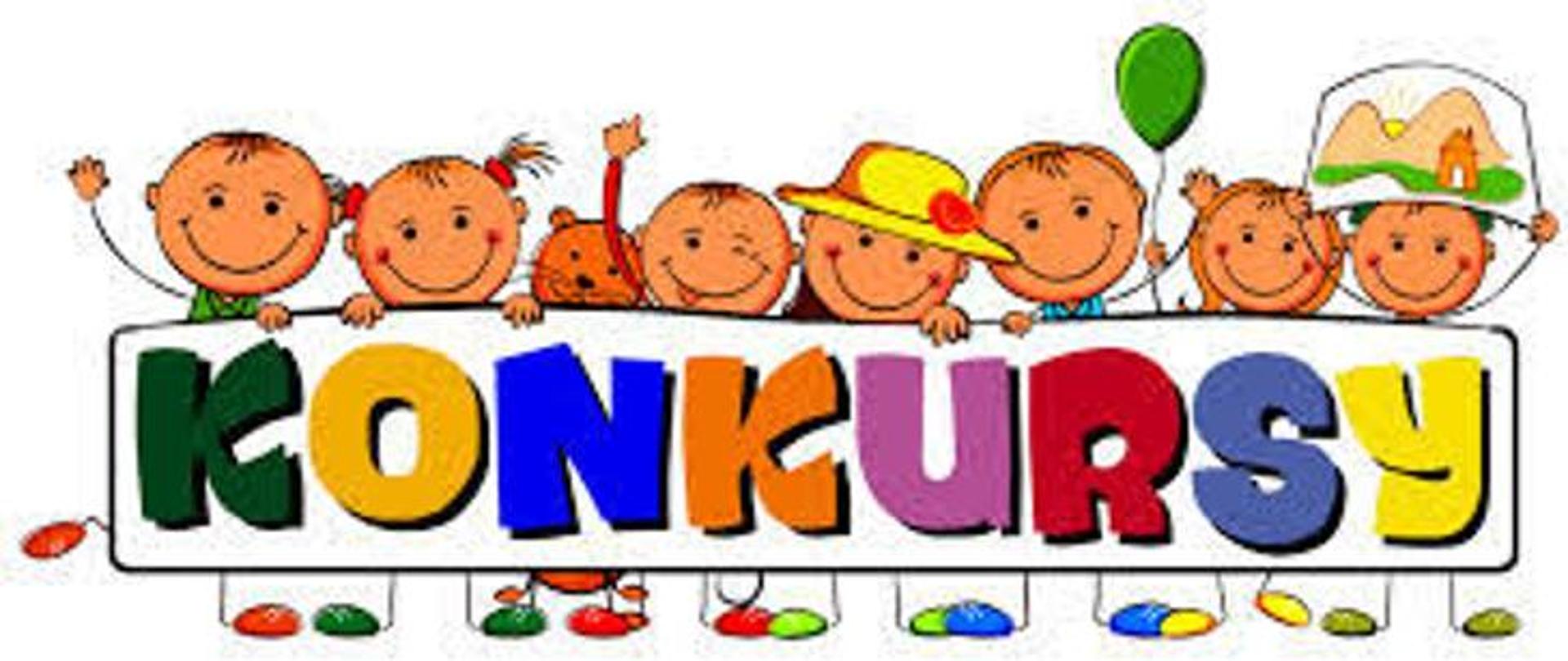 konkurs jestem ekoprzedszkolakiem - grafika z dziećmi trzymającymi plakat "Konkursy"