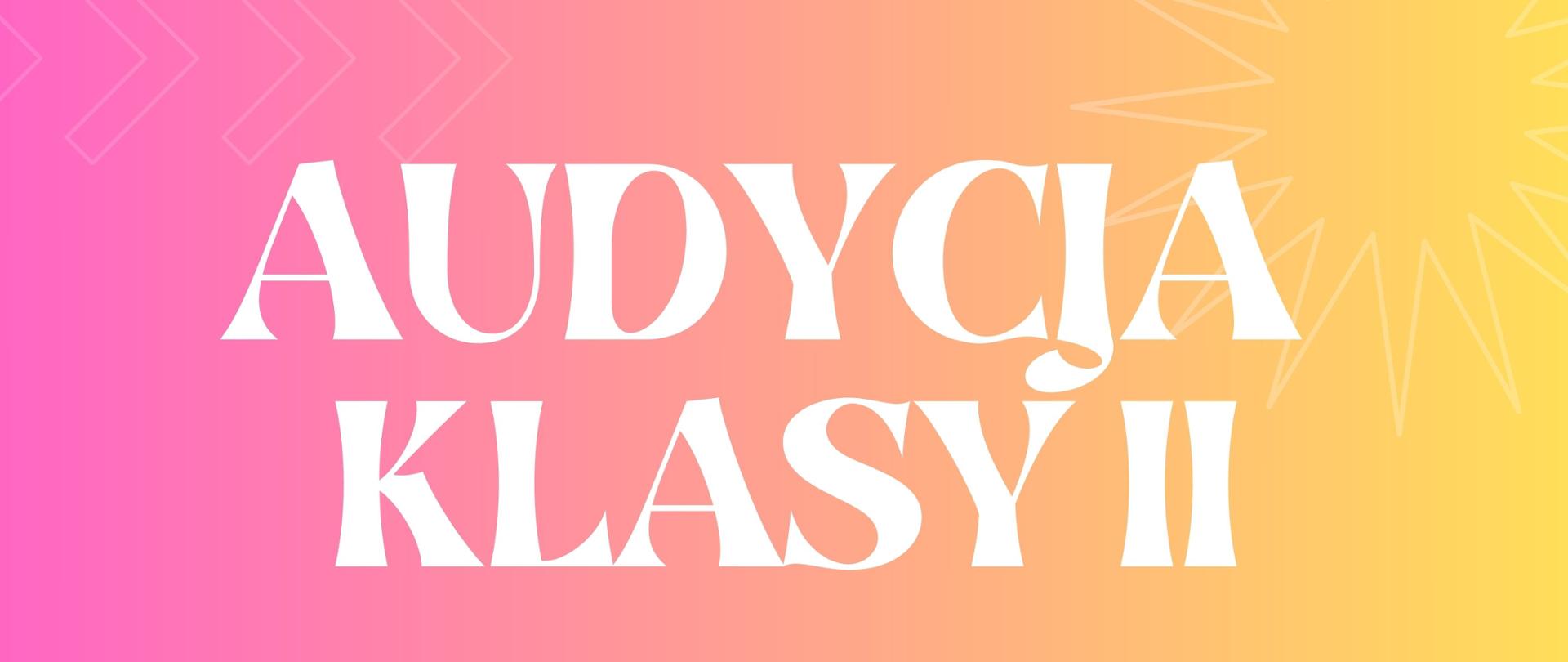 Plakat audycji klasy II z informacja o terminie, miejscu i godzinie odbywania się audycji, kolorowy, w centralnej części obrazek dzieci, w dolnej części plakatu obrazki instrumentów wiolonczeli, gitary, fortepianu i skrzypiec.