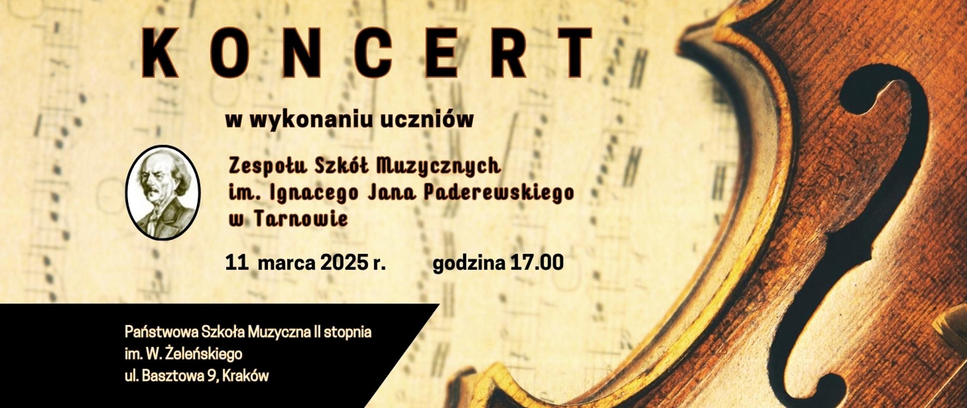 Koncert w wykonaniu uczniów ZSM w Tarnowie 11.03.2025 godz.17.00 grafika część skrzypiec na żółtym tle 