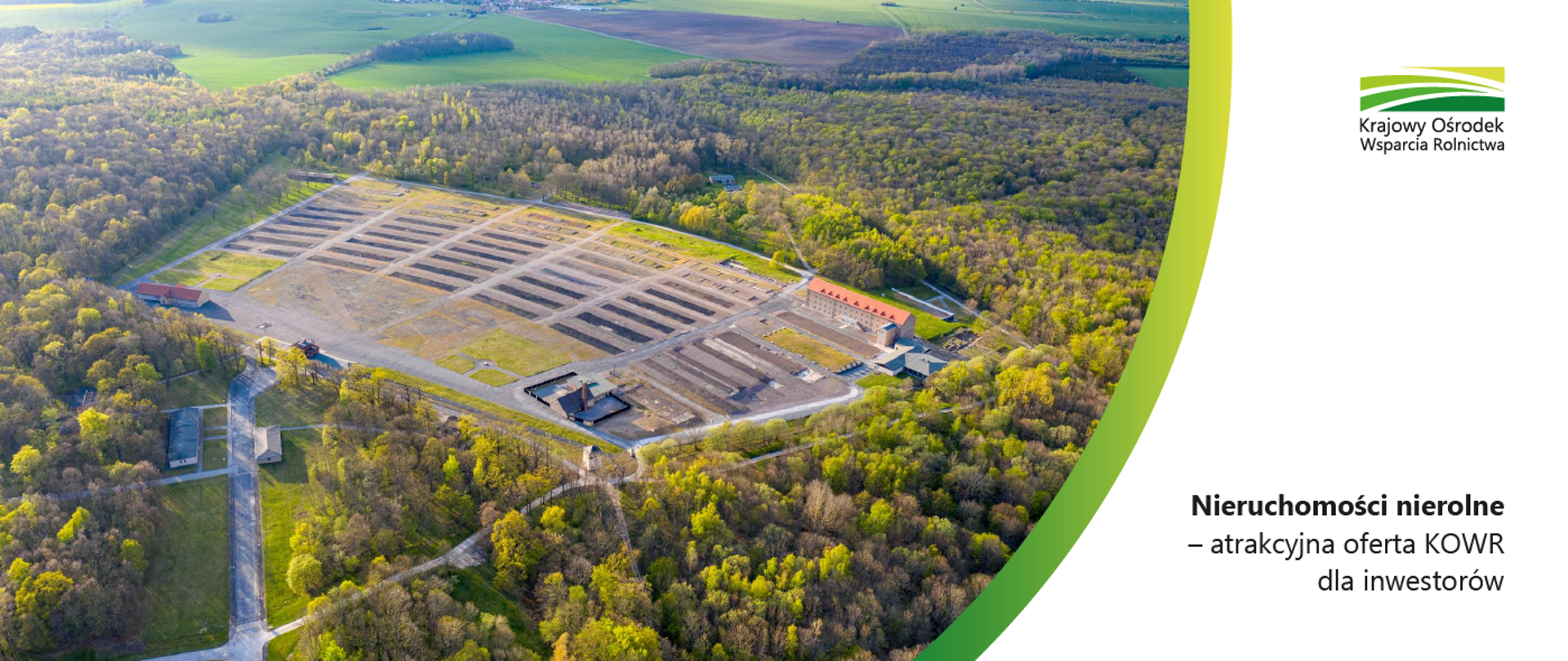 Grafika ze zdjęciem terenów przemysłowych oraz pól i napisem: Nieruchomości nierolne - atrakcyjna oferta KOWR dla inwestorów. 
