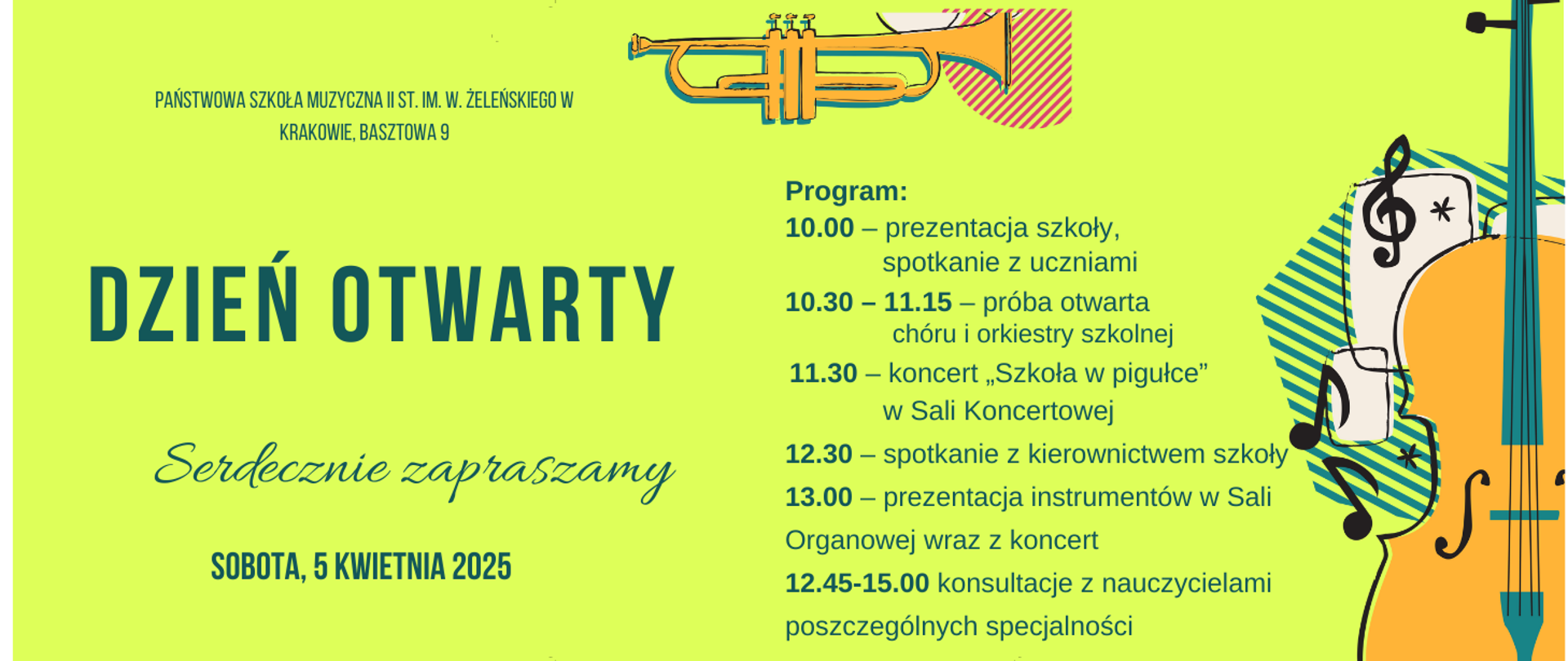 Dzień otwarty 5.04.2025 zielone tło, grafika instrumenty