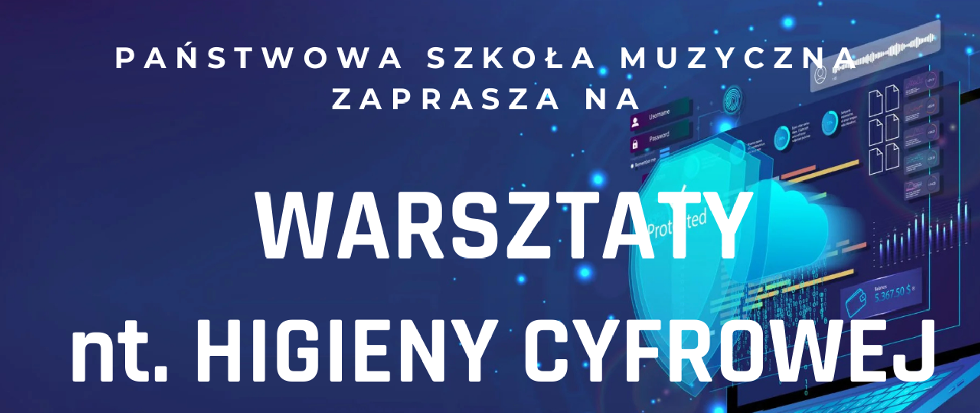 Zdjęcie przedstawia plakat informacyjny o organizowanych warsztatach na temat higieny cyfrowej dla uczniów i ich rodziców w dniu 2 marca 2026 r. Zdjęcie składa się z dwóch części- górna na niebieskim gradientowym tle laptop, druga połowa zdjęcia w kolorze białym. na dole logo CEA i PSM Wieluń.