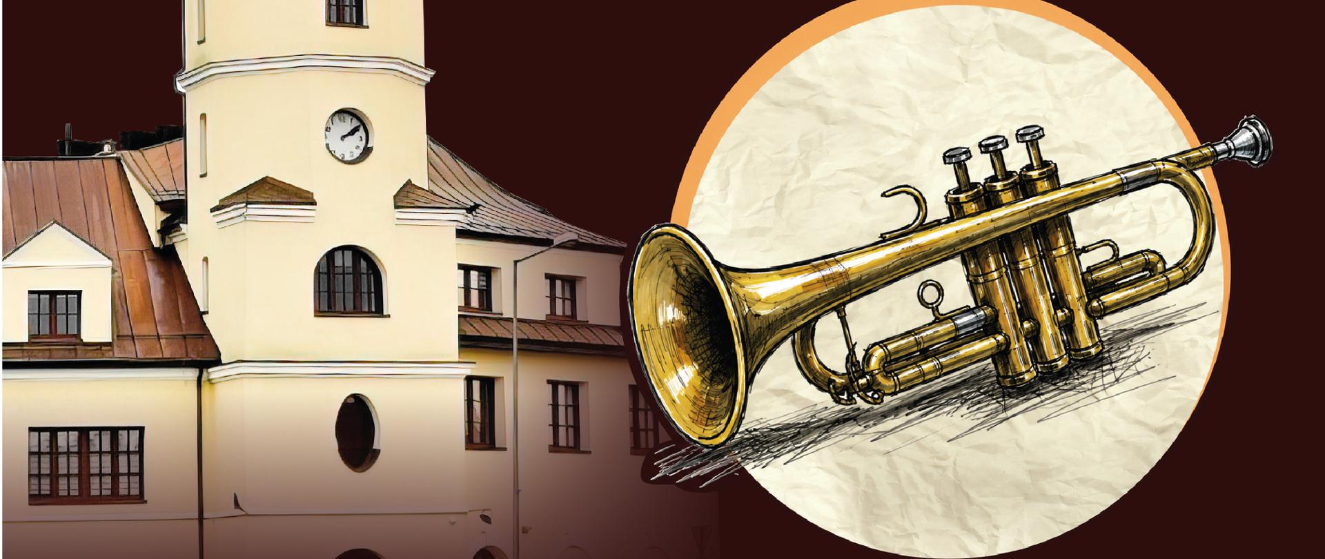 plakat rekrutacyjny na ciemno-brązowym tle ukazujący z lewej strony częściowo budynek szkoły muzycznej, z prawej naszkicowaną trąbkę - instrument muzyczny, poniżej informacje dotyczące terminu przesłuchań , następnie w dolnej części na kremowym pasku znajdują się informacje o pobraniu odpowiednich dokumentów, telefonach kontaktowych, e-mailu oraz adresie szkoły