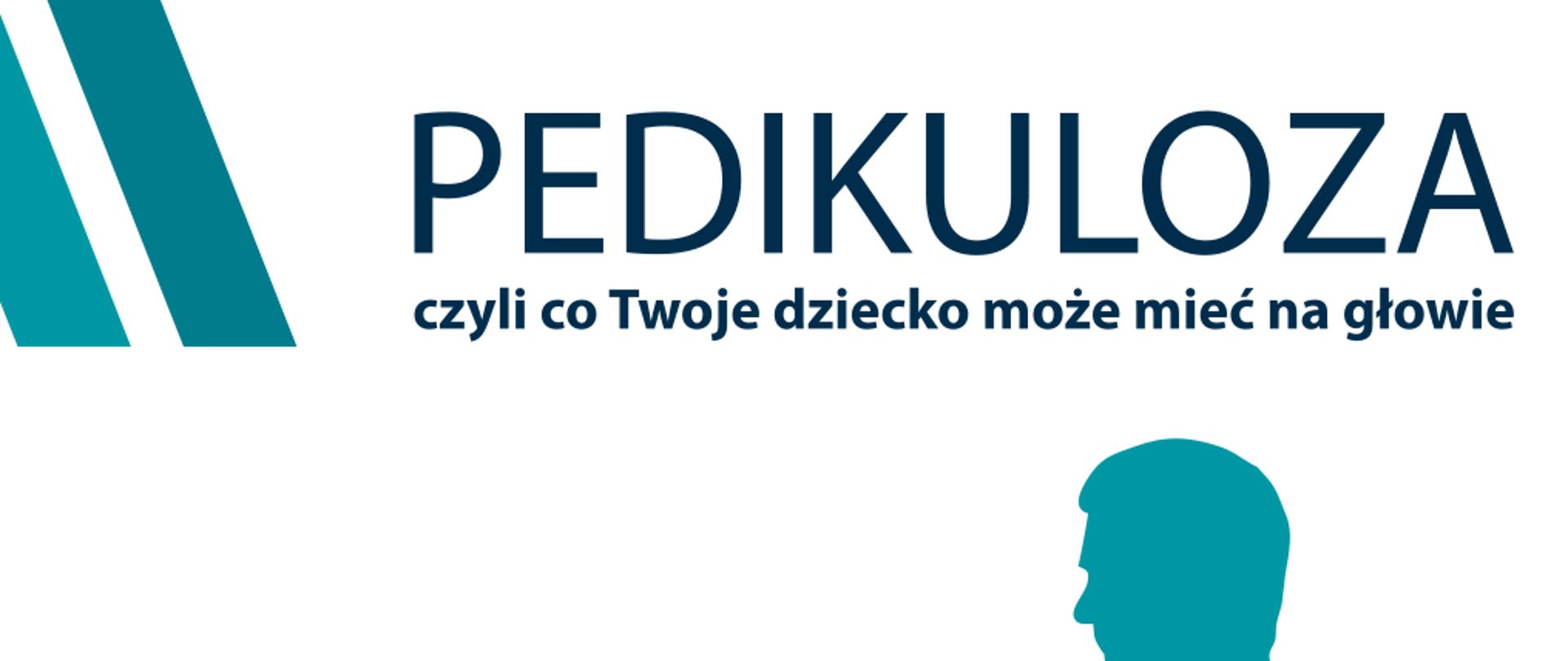 Seledynowe postaci rodziców idących z dzieckiem na przodzie, które kopie piłkę. Nagłówek to skośne seledynowe równoległe pasy oraz napis Pedikuloza – czyli co Twoje dziecko może mieć na głowie. Na spodzie grafiki logo Narodowego Instytutu Zdrowia Publicznego- Państwowego Zakładu Higieny oraz Państwowej Inspekcji Sanitarnej.