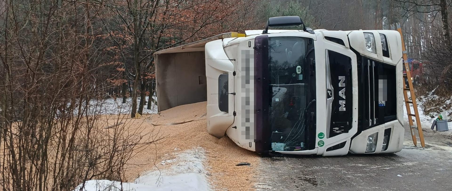 Na zdjęciu widać przewróconą ciężarówkę 