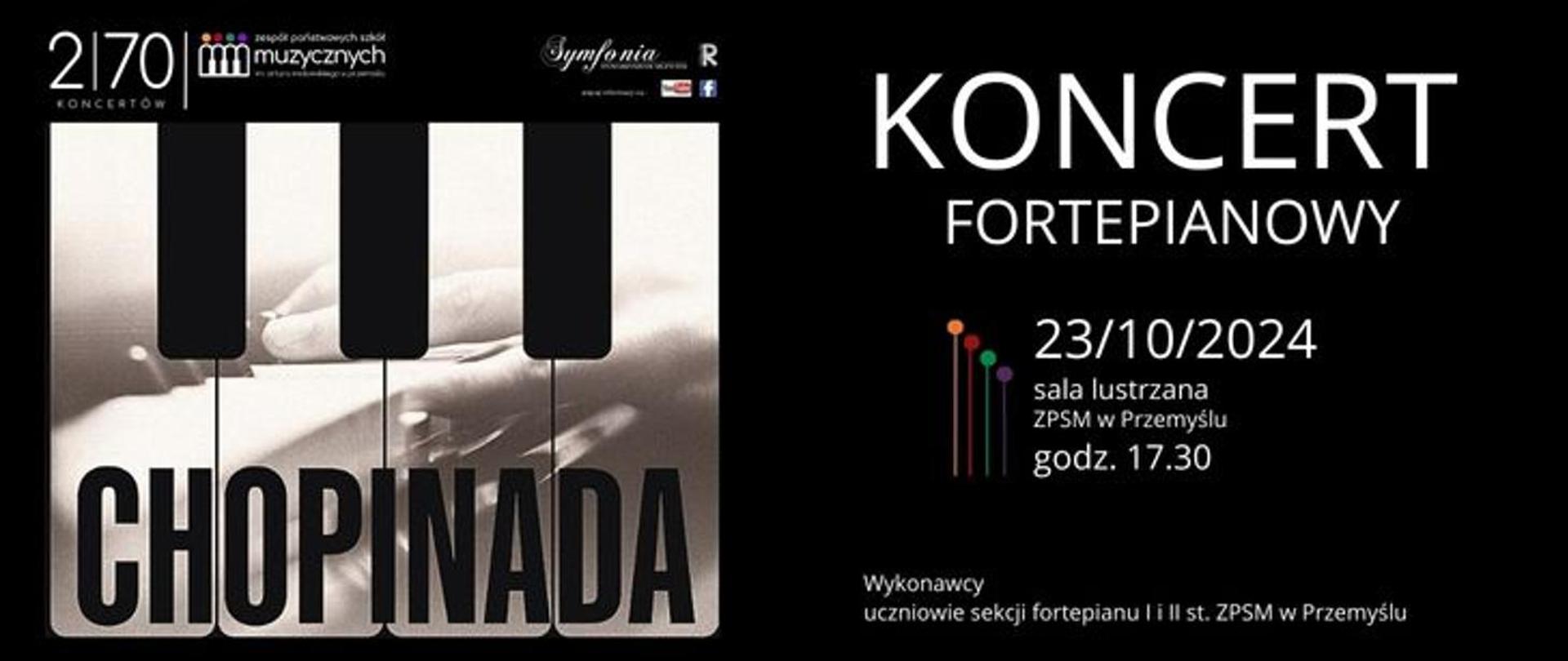 Grafika ilustracyjna do 2 z 70 koncertów jubileuszowych - Chopinada. Po prawej stronie data i miejsce koncertu, po lewej grafika w oparciu o klawisze fortepianu z tytułem koncertu