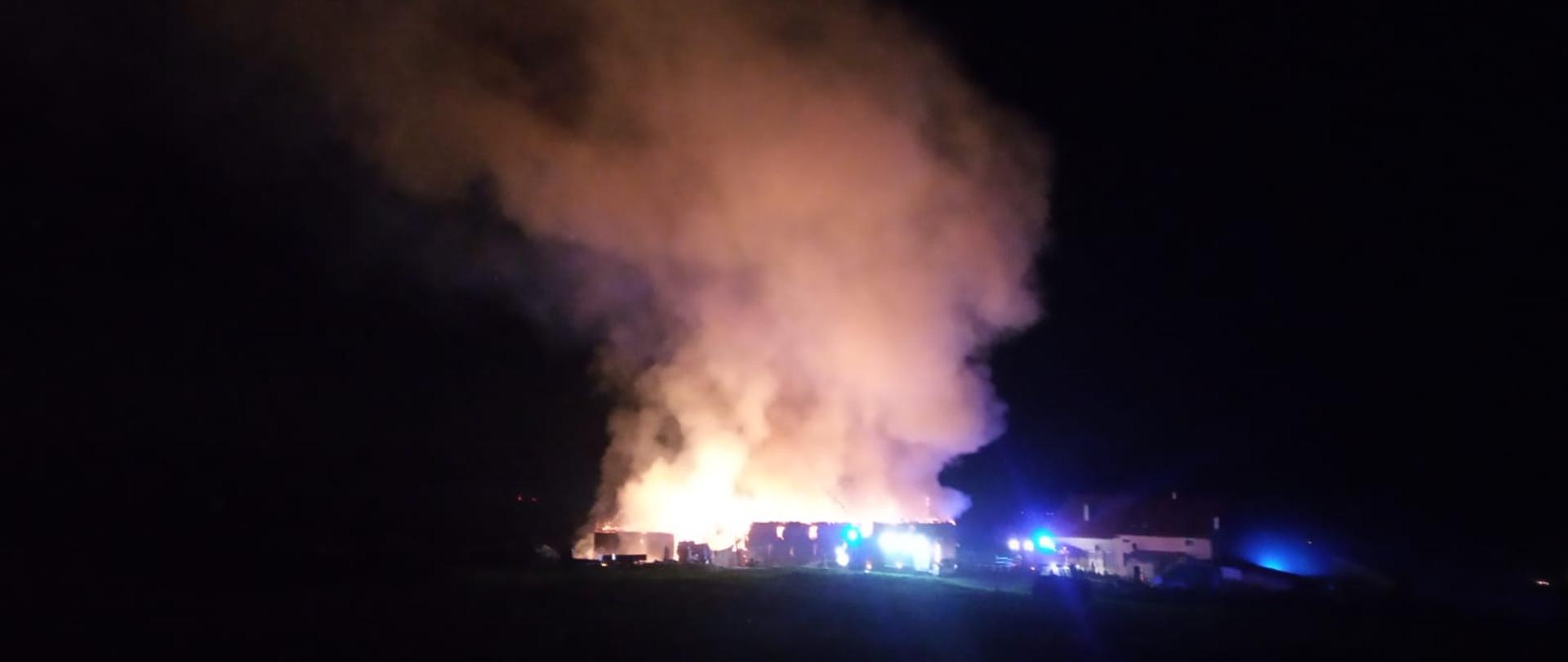 Zdjęcie przedstawia pożar obory podczas dojazdu na miejsce pomiotów ratowniczych