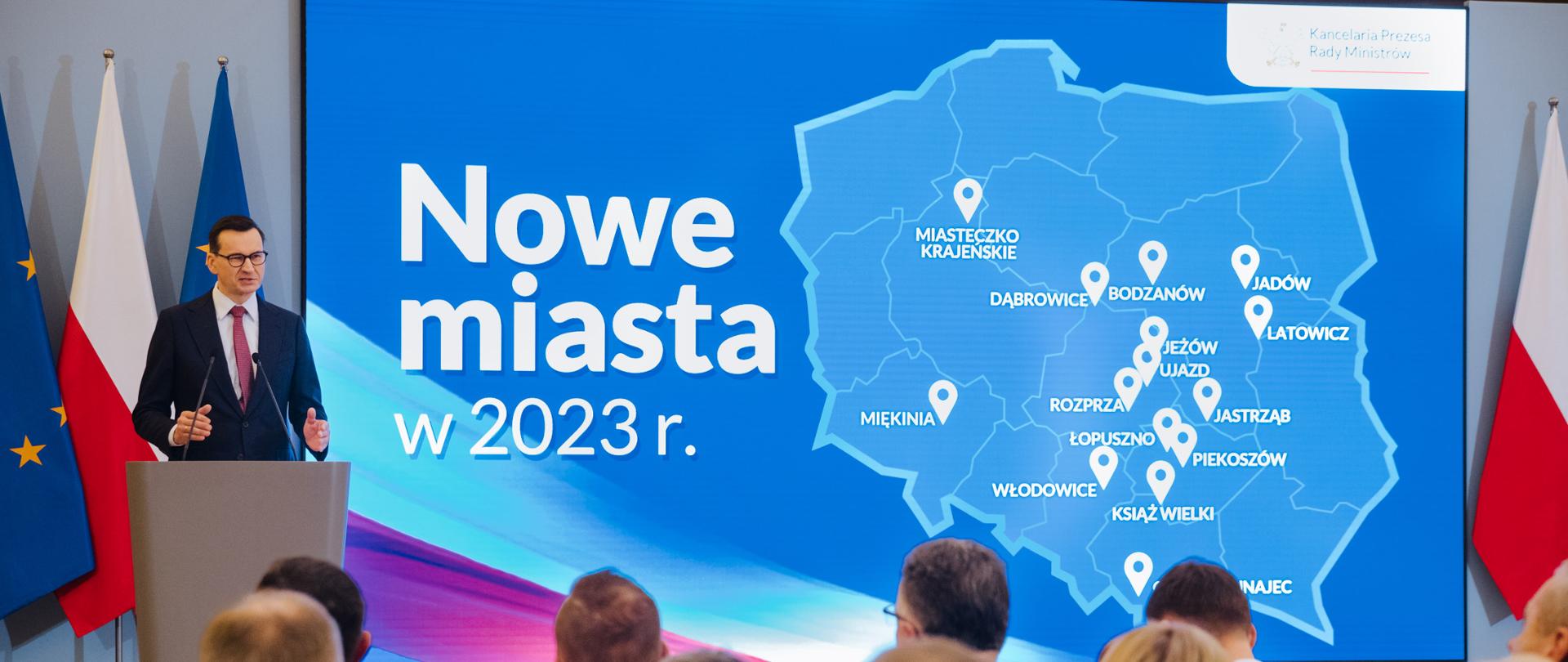 Prime Minister Mateusz Morawiecki during a press conference on the creation of new cities.