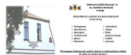 Ogłoszenie przedstawia informacje dot. rekrutacji na rok 2023/24. Z lewej strony widnieje budynek szkoły. 