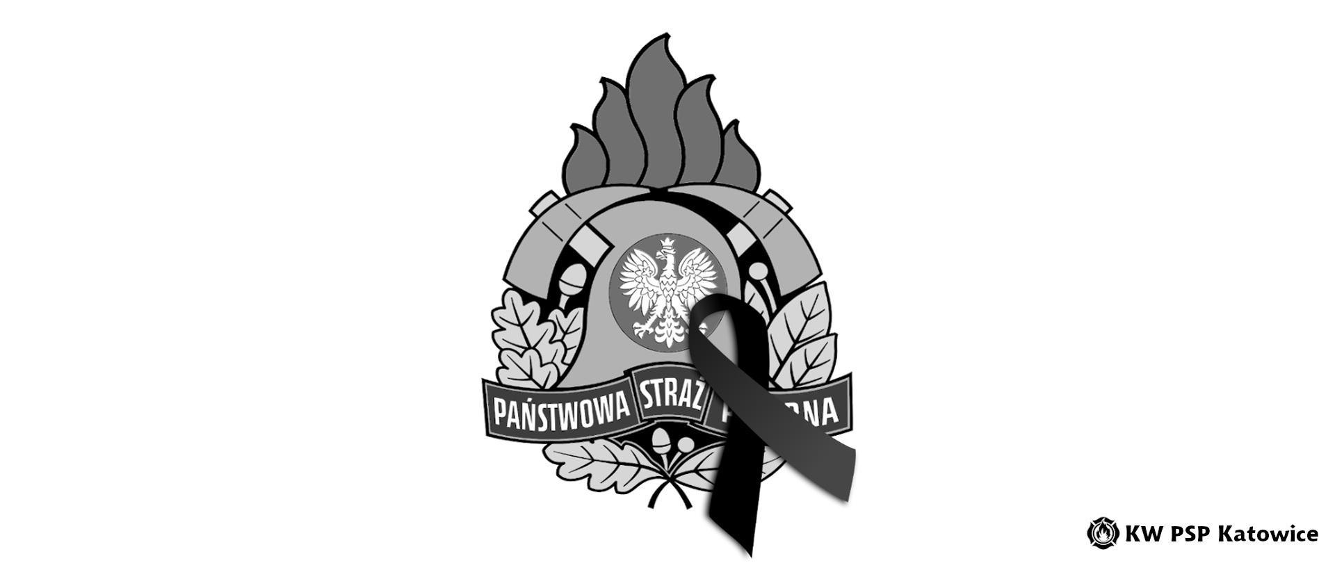 Ilustracja przedstawia na białym czarno-biały logotyp Państwowej Straży Pożarnej z czarną wstęgą. Na dole, w prawym rogu napis KW PSP Katowice