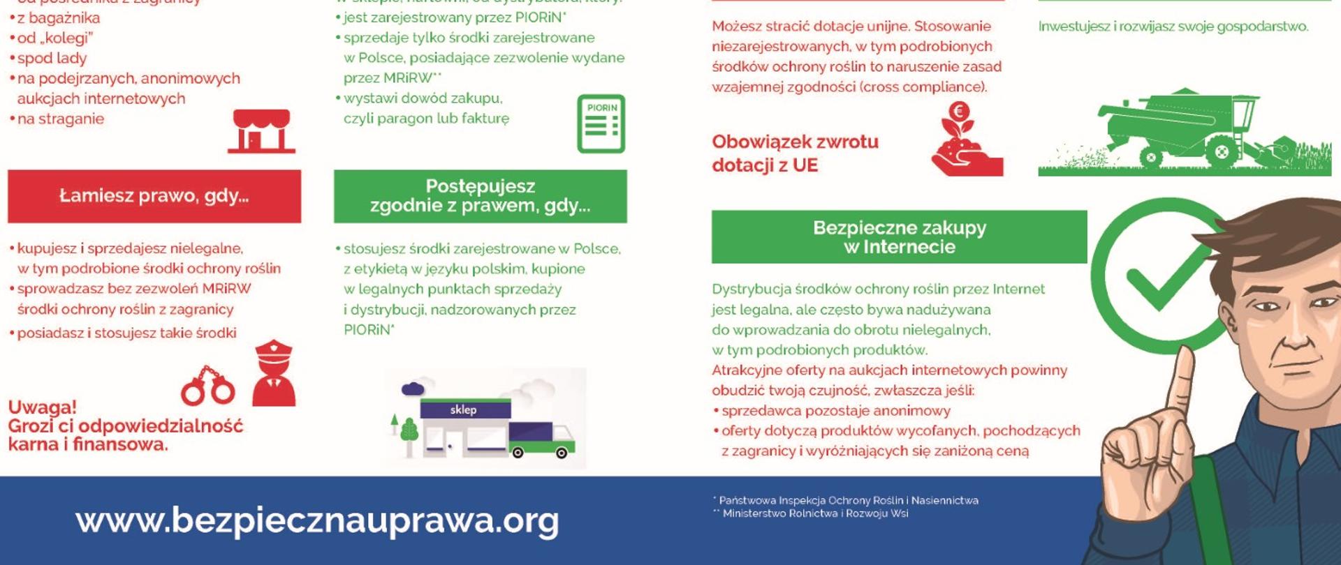 Ulotka informacyjna o bezpiecznym zakupie środków ochrony roślin, ostrzegająca przed nielegalnymi źródłami i podrobionymi produktami oraz wskazująca legalne sposoby nabycia.