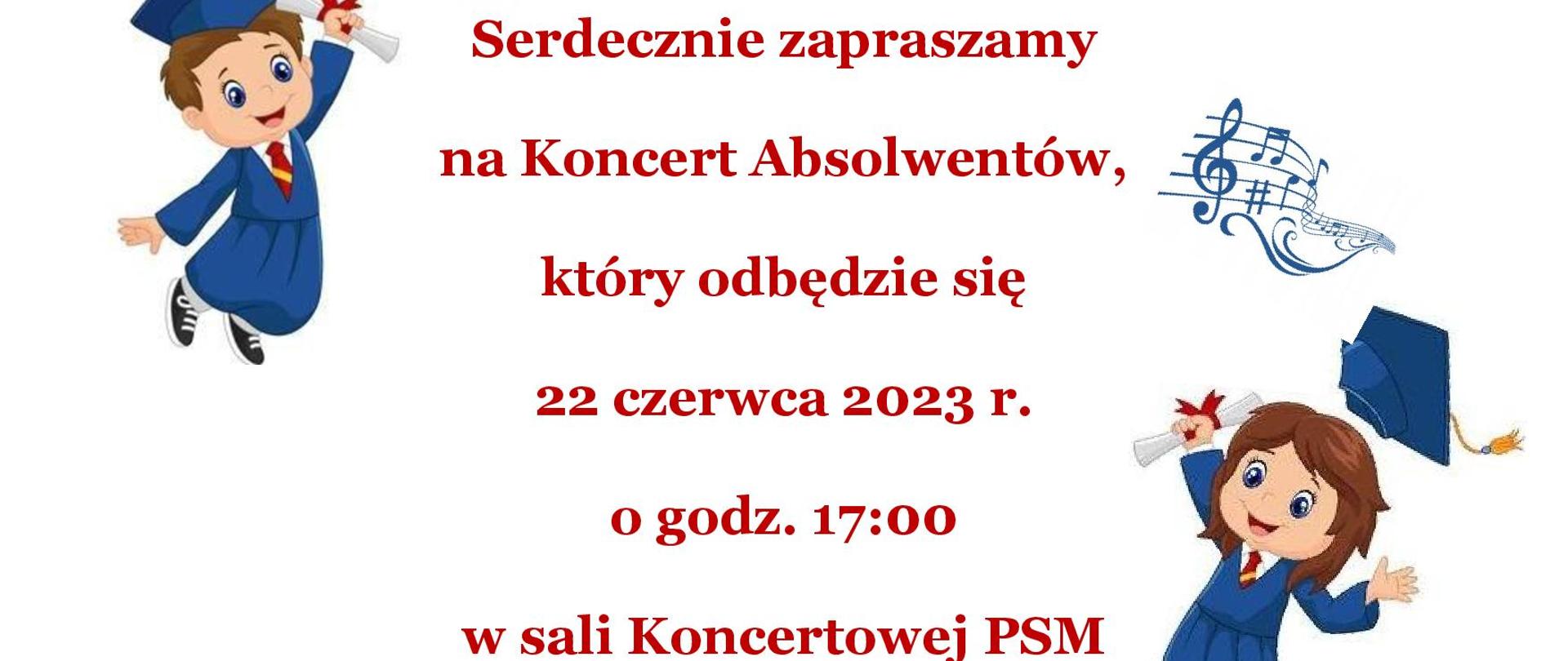 Ogłoszenie dot. koncertu absolwentów, które odbędzie się 22 czerwca 2023 r. o godz. 17:00. Na zdjęciu widnieje chłopczyk z dziewczynką, oraz niebieskimi nutami. 