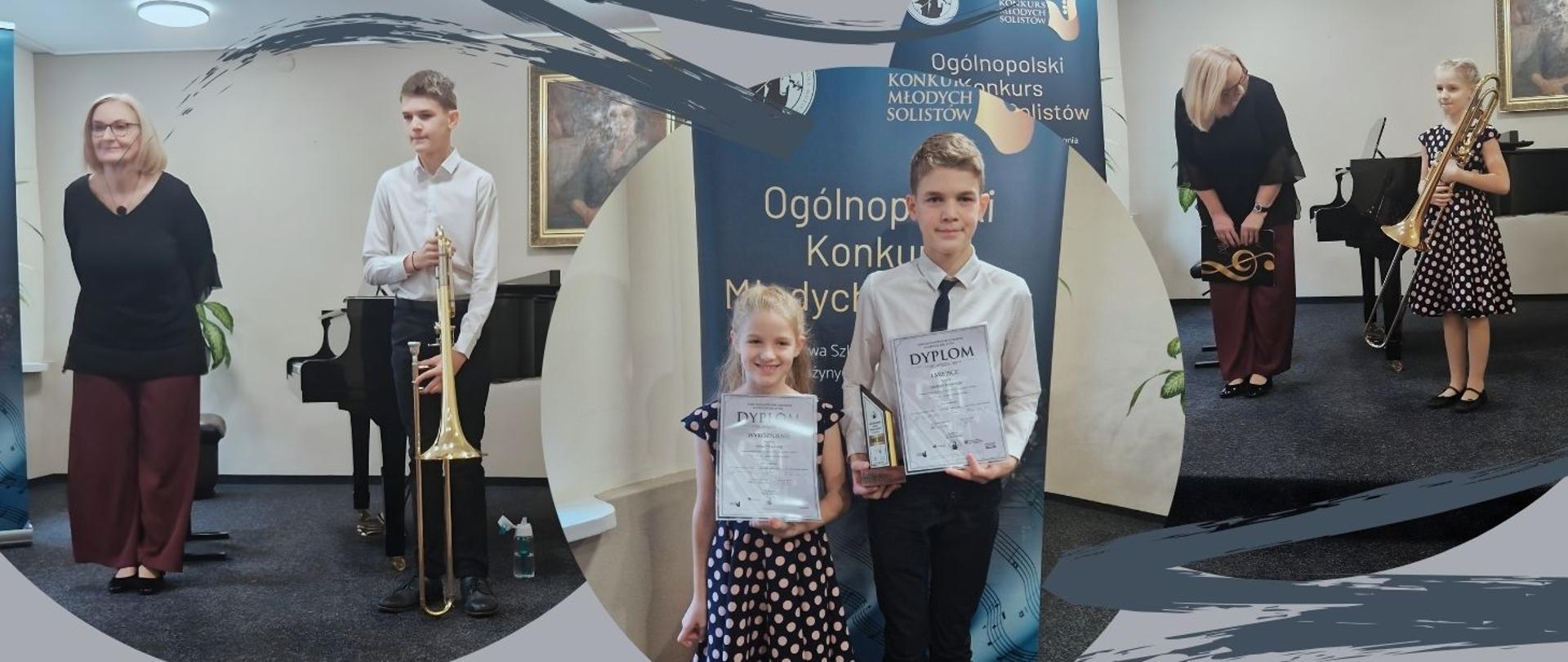 Na grafice widać kolaż trzech zdjęć znajdujących się w kołach i wykonanych podczas Ogólnopolskiego Konkursu Młodych Solistów w Jaworznie.
Na pierwszym zdjęciu po lewej stronie stoi pianistka Gizela Fritz oraz uczeń Hubert Tomanek trzymający puzon. W tle znajduje się fortepian i obraz na ścianie.
W środkowej części grafiki widać uczniów Lidię i Huberta Tomanek stojących przed banerem z napisem „Ogólnopolski Konkurs Młodych Solistów”. Oboje trzymają dyplomy i nagrody.
Na trzecim zdjęciu po prawej stronie uczennica Lidia Tomanek z puzonem oraz pianistka Gizela Fritz stoją obok fortepianu i kłaniają się.