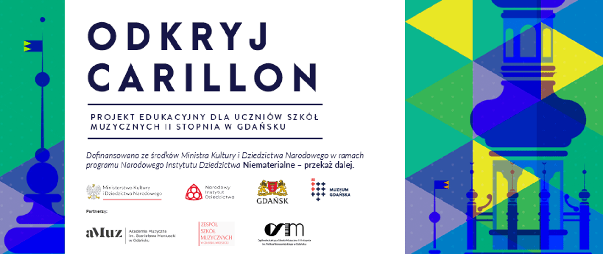 Grafika dotyczący projektu edukacyjnego dla uczniów szkół muzycznych Odkryj Carillon. Na białym tle napis odkryj Carillon, po prawej stronie grafika wierzy budynku.