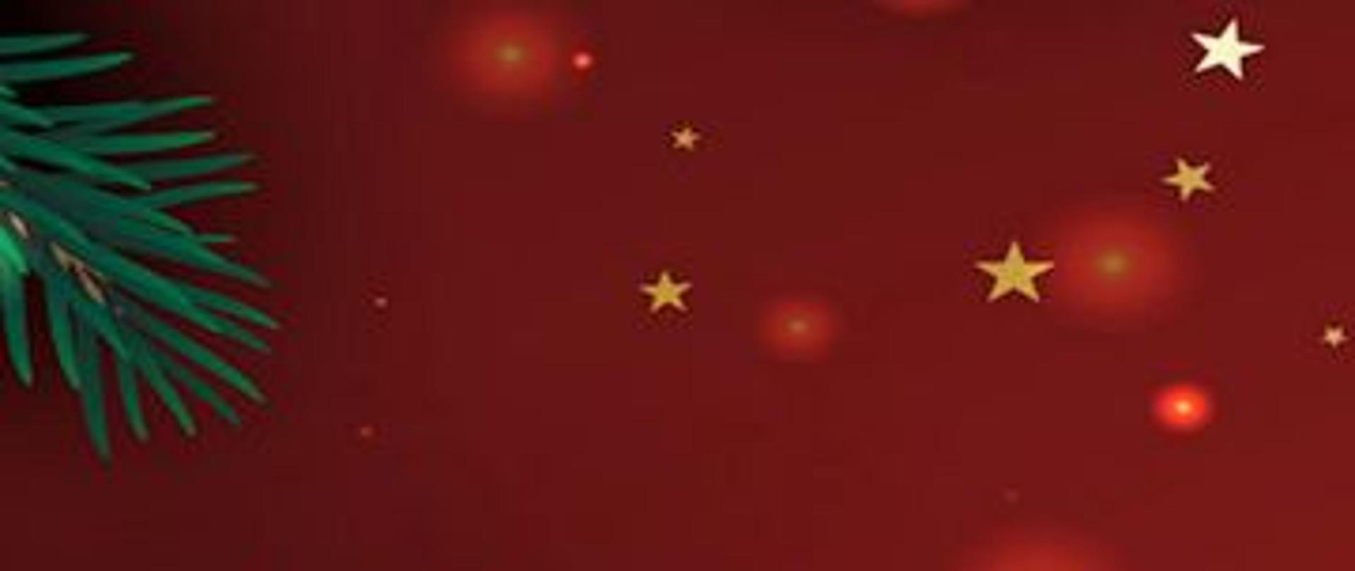 Grafika kolorowa. Gałązki jodły i żółte gwiazdki na bordowym tle.