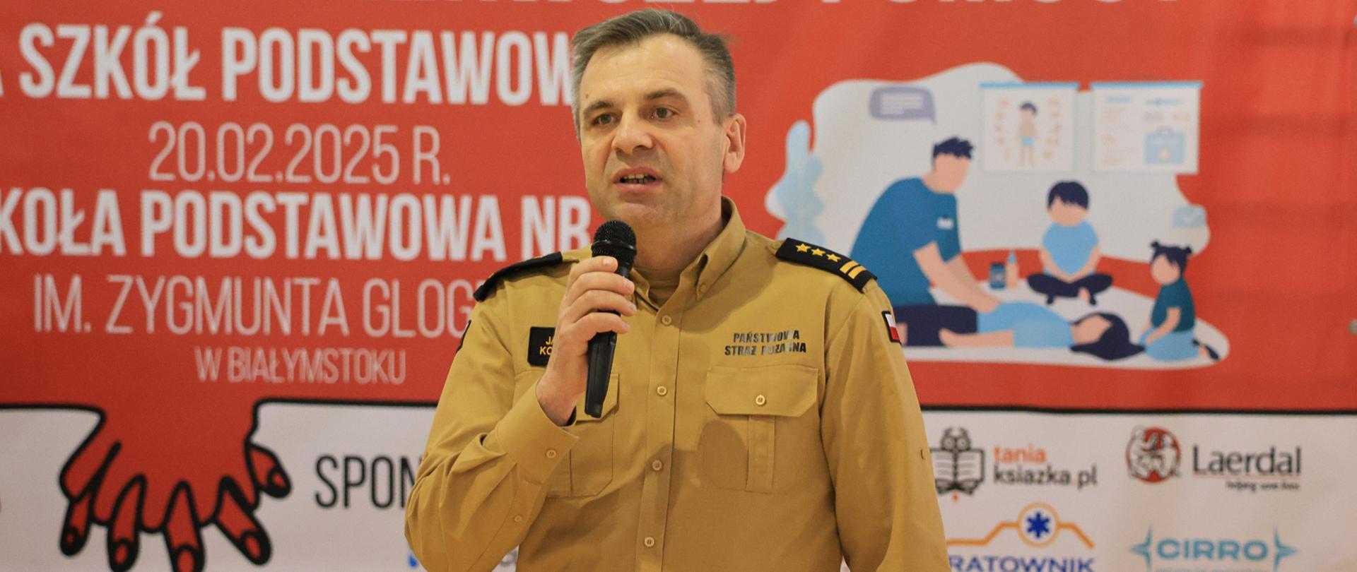 Podsumowanie I Wojewódzkiego Turnieju Pierwszej Pomocy dla Szkół Podstawowych przemówieni st. bryg. Janusza Kondrata