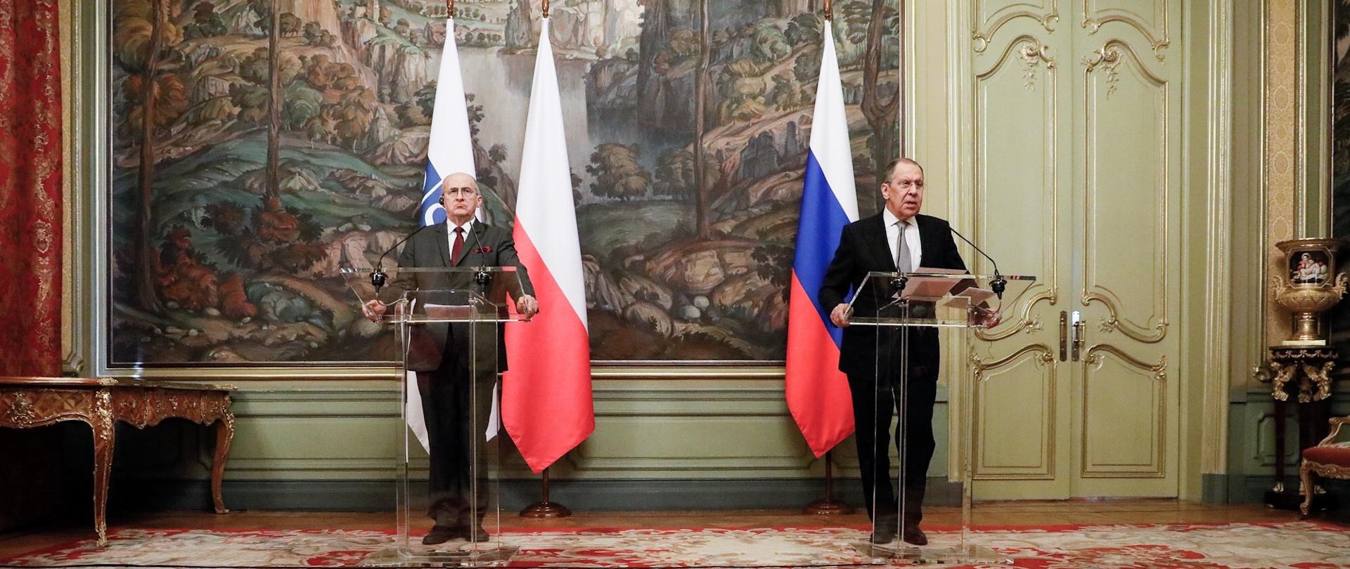 Minister Zbigniew Rau together with Minister Sergey Lavrov during a press conference in Moscow