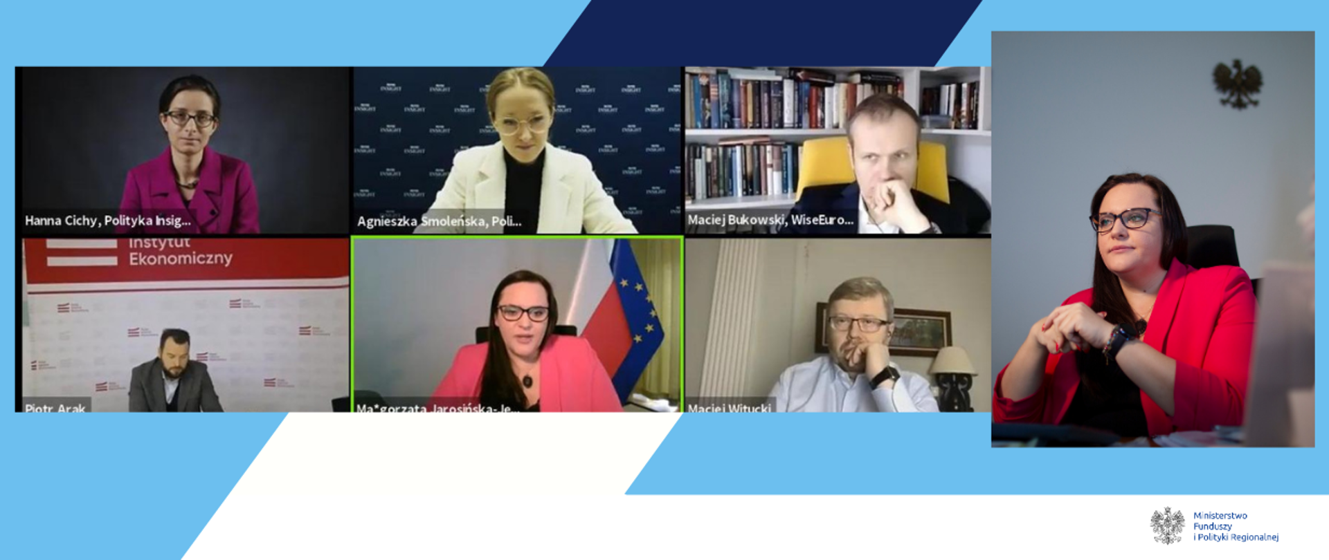 Screen ekranu pokazujący uczestników debaty „Jak mądrze wydać 57 miliardów euro? Wyzwanie dla Krajowego Planu Odbudowy”. Po prawej i w środku wiceminister Małgorzata Jarosińska-Jedynak.