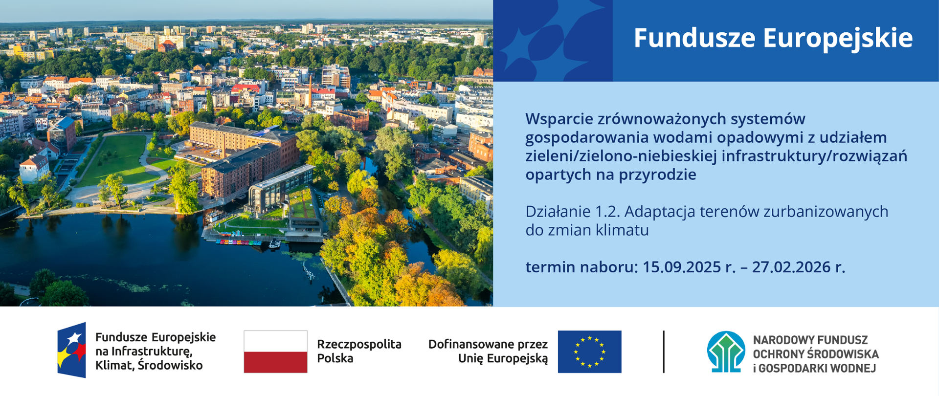 Grafika ilustracyjna. Fundusze Europejskie. Wsparcie zrównoważonych systemów gospodarowania wodami opadowymi z Funduszy Europejskich