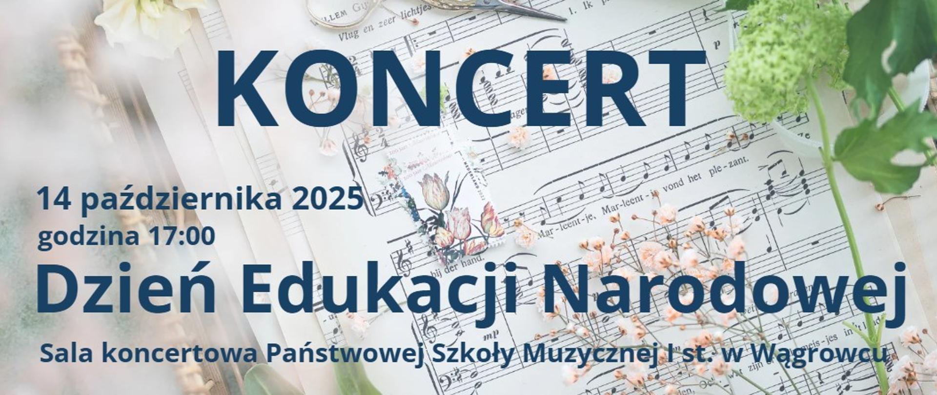 Na banerze reklamowym w tle z kwiatami znajdują się informacje dotyczące koncertu z okazji Dnia Edukacji Narodowej w dniu 14 października 2025