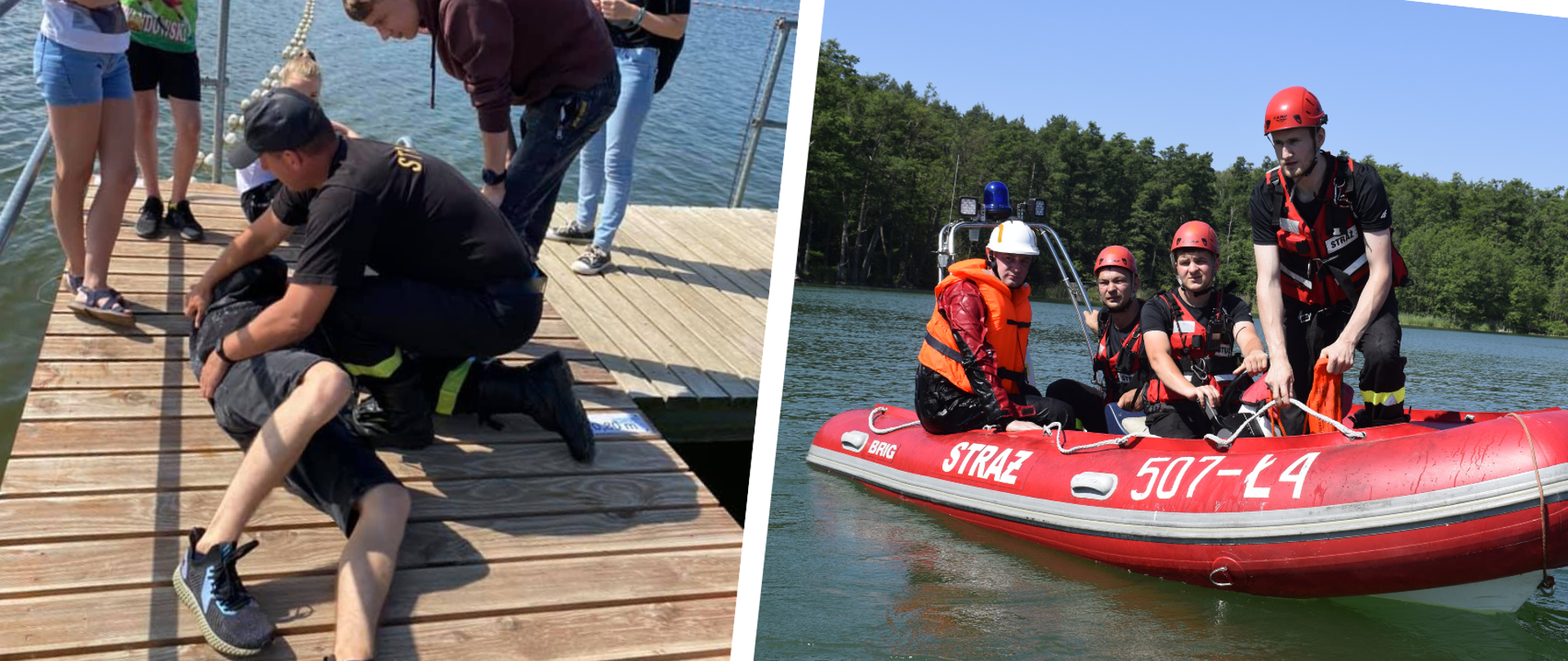 Zdjęcie przedstawia strażaków znajdujących się podczas ćwiczeń nad wodą, nad jeziorem.