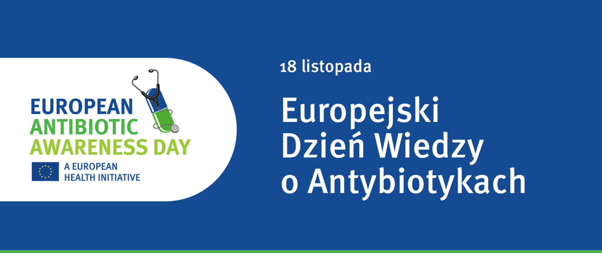 Niebieski baner z napisem 18 listopad Europejski Dzień Wiedzy o Antybiotykach