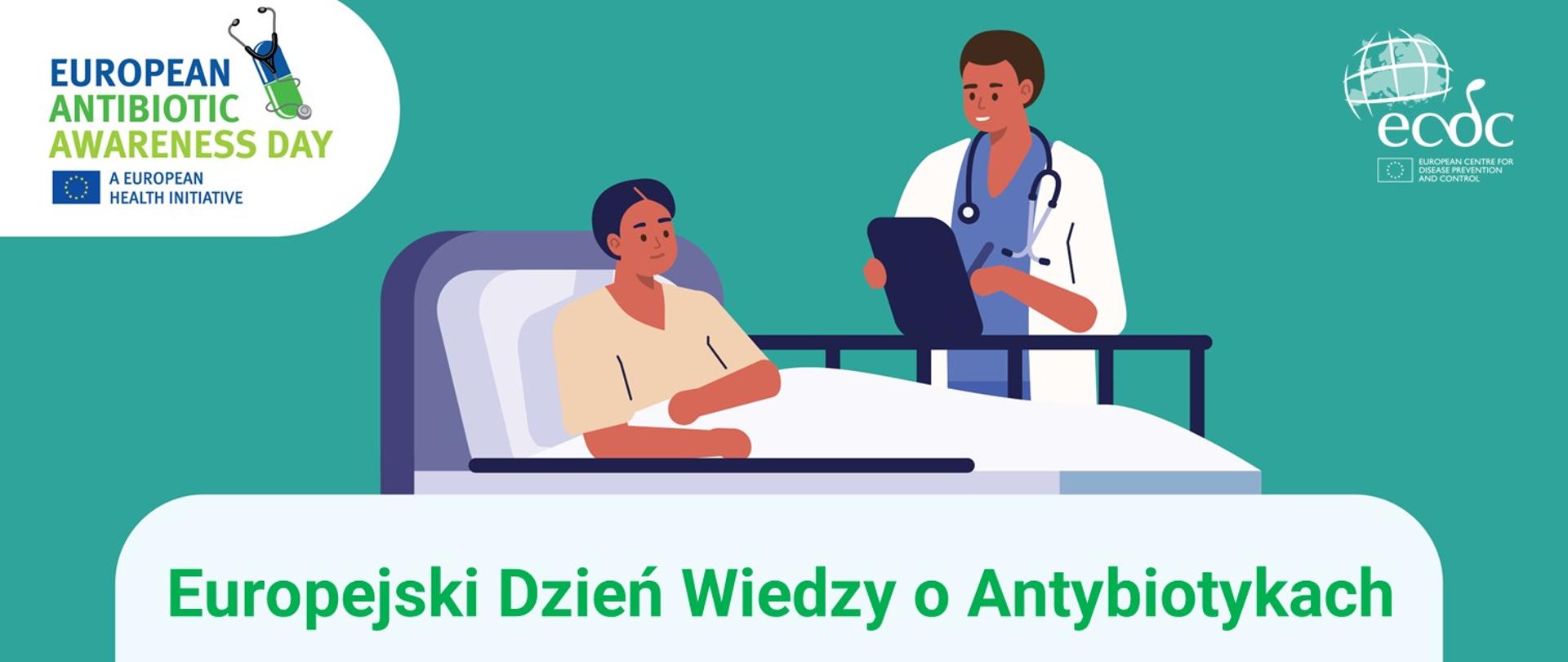 napis Europejski Dzień Wiedzy o Antybiotykach oraz rysunek lekarza i pacjenta, zielone tło i logo EAAD.