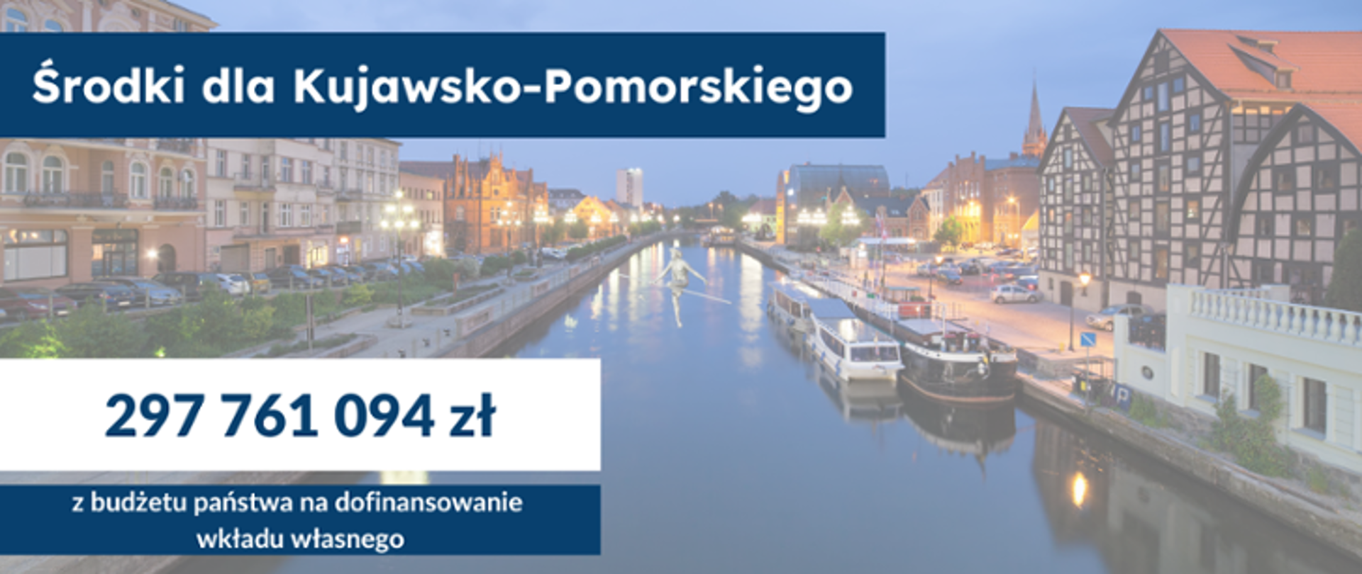 Zdjęcie centrum Bydgoszczy oraz kwota z budżetu państwa na dofinansowanie wkładu własnego