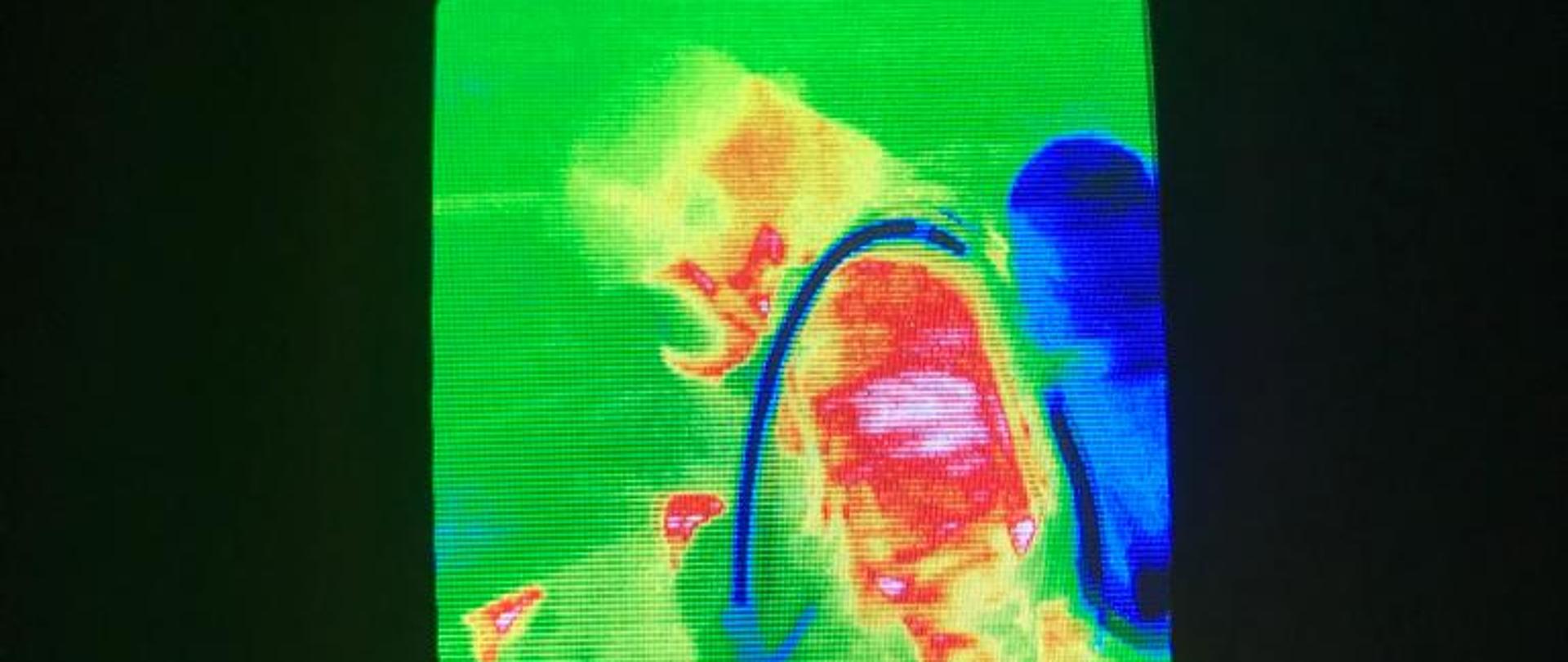 Zdjęcie przedstawia obraz z kamery termowizyjnej podczas ćwiczeń. Na zdjęcie widać strażaka ze sprzętem ODO.