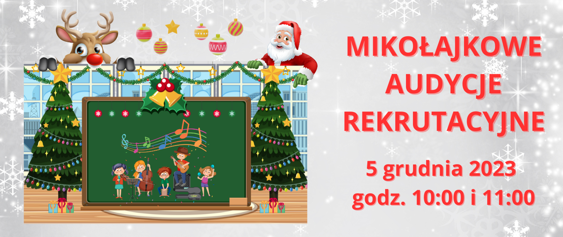 baner na szarym tle ze śniezynkami, po prawej czerwone napisy, po lewej ikona sceny z dziećmi