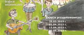 plakat zielone tło, grafika przedstawiające grające dzieci na różnych instrumentach, w treść - Państwowa Szkoła Muzyczna w Kutnie zaprasza dzieci do nauki gry na instrumentach, zajęcia przygotowawcze odbywać się będą 25 marca, 1, 15, 22 kwietnia 2023