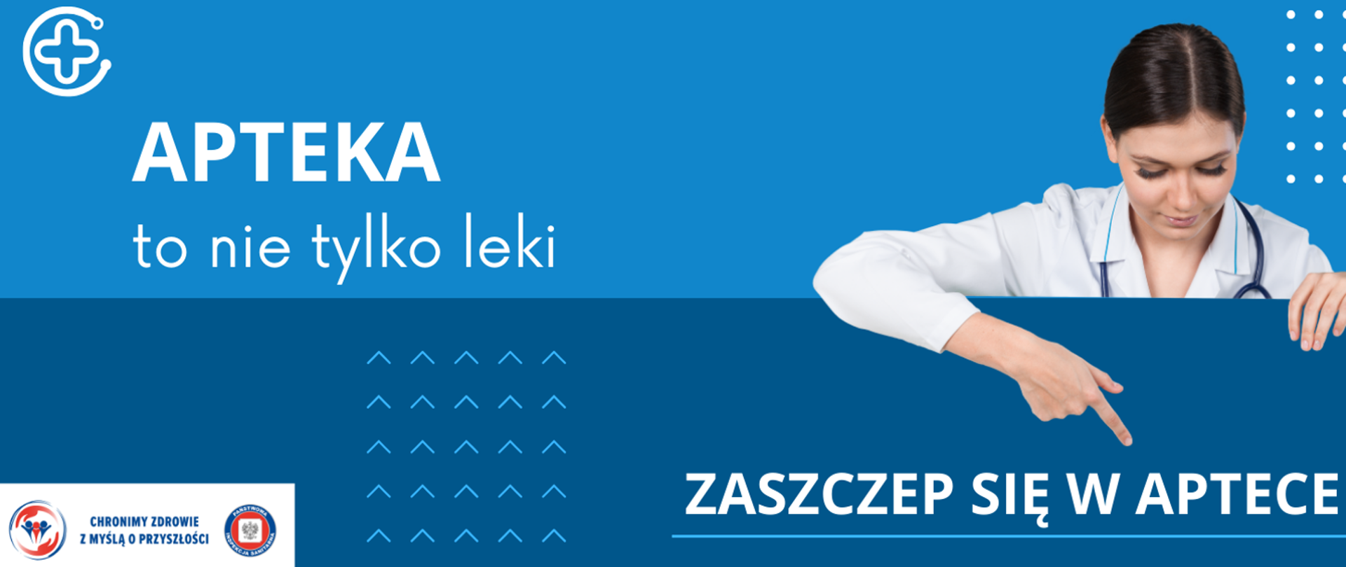 Grafika przedstawiająca kobietę wskazująca napis " zaszczep się w aptece" po lewej stronie po prawej widnieje napis "apteka to nie tylko leki".