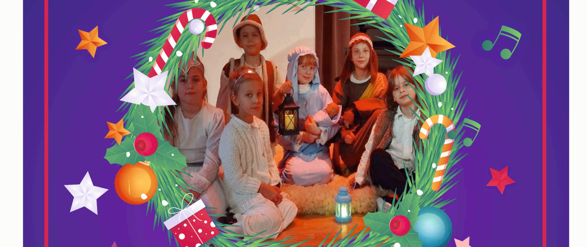 Plakat wykonany jest na niebieskim tle z czerwonym obramowaniem. Na środku w górnej części plakatu znajduje się zdjęcie przedstawiające dzieci które będą brały udział w jasełkach. Zdjęcie jest okrągłe i posiada ramkę w postaci gałązek świerkowych, prezentów i bombek. Na niebieskim tle plakatu znajdują się nutki, bombki i gwiazdki. W dolnej części plakatu na czerwonym tle wypisane są imiona dzieci biorących udział w jasełkach.