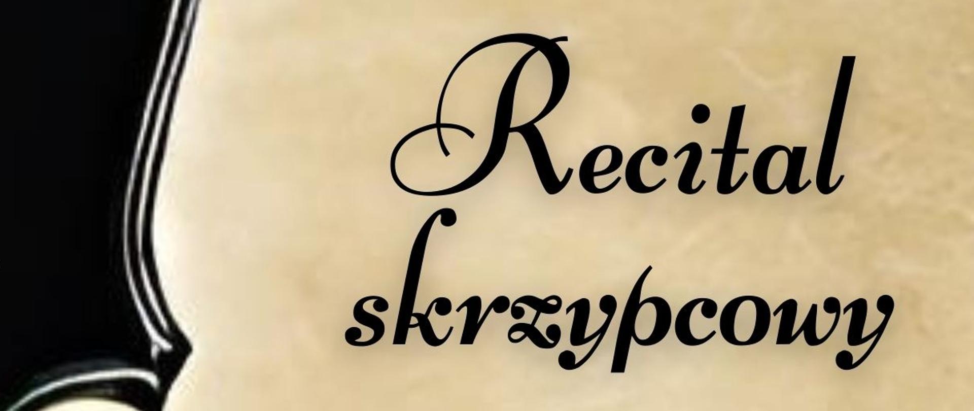 Plakat z wydarzeniem - Recital skrzypcowy Weroniki Chmury oraz Norberta Jedlińskiego w ramach obchodów 50-lecia działalności PSM I st. im. Krzysztofa Pendereckiego w Dębicy; Koncert odbędzie się 4 marca 2024r. o godz. 18:00 w auli ZPSM w Dębicy; informacje o recitalu i wykonawcach a także dniu, godzinie i miejscu wydarzenia umieszczone zostały po prawej stronie plakatu na złotym tle, napisy czarne; po lewej stronie plakatu umieszczono fragment pudła skrzypiec na którym w górnej części plakatu wpisano imię i nazwisko akompaniatora a w dolnej części program koncertu; napisy są w kolorze czarnym 