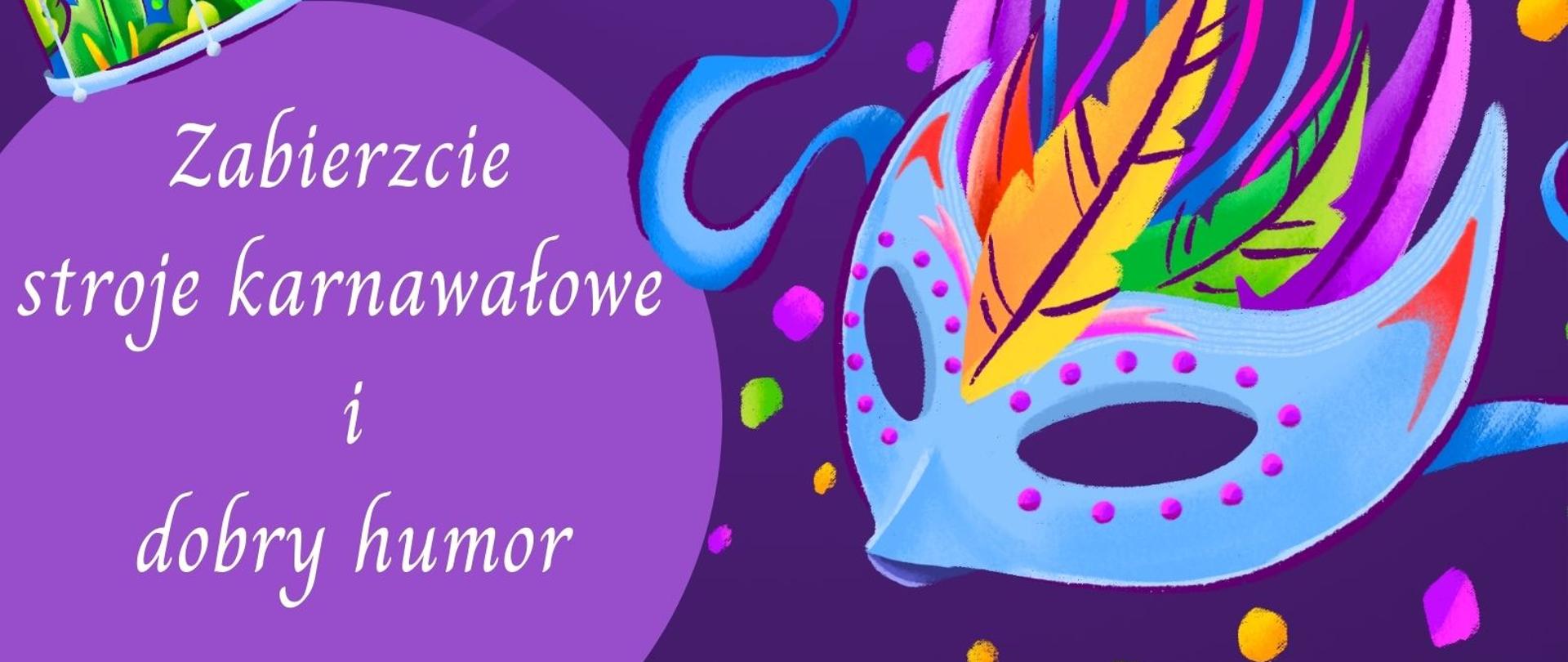 Plakat informujący o balu karnawałowym w szkole . Tło fioletowe w rogach ikonografia masek karnawałowych. Po środku ozdobny biały napis : Bal karnawałowy , poniżej data i miejsce.