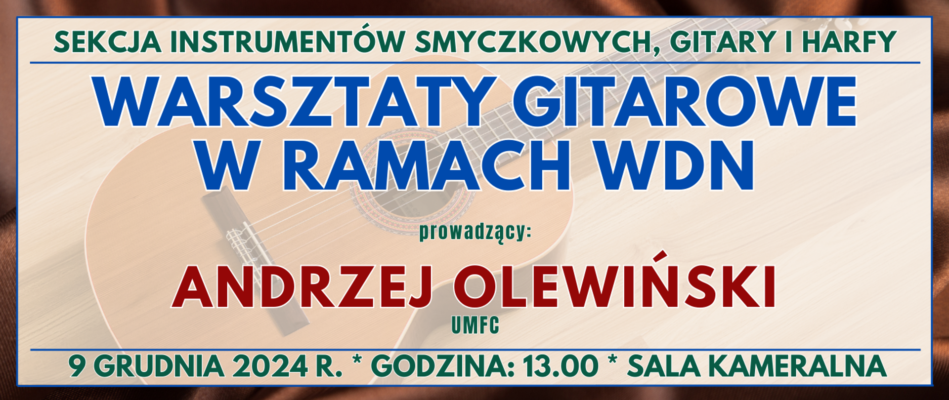 baner z brązową ramką w środku półprzezroczysta gitara oraz informacja o wydarzeniu