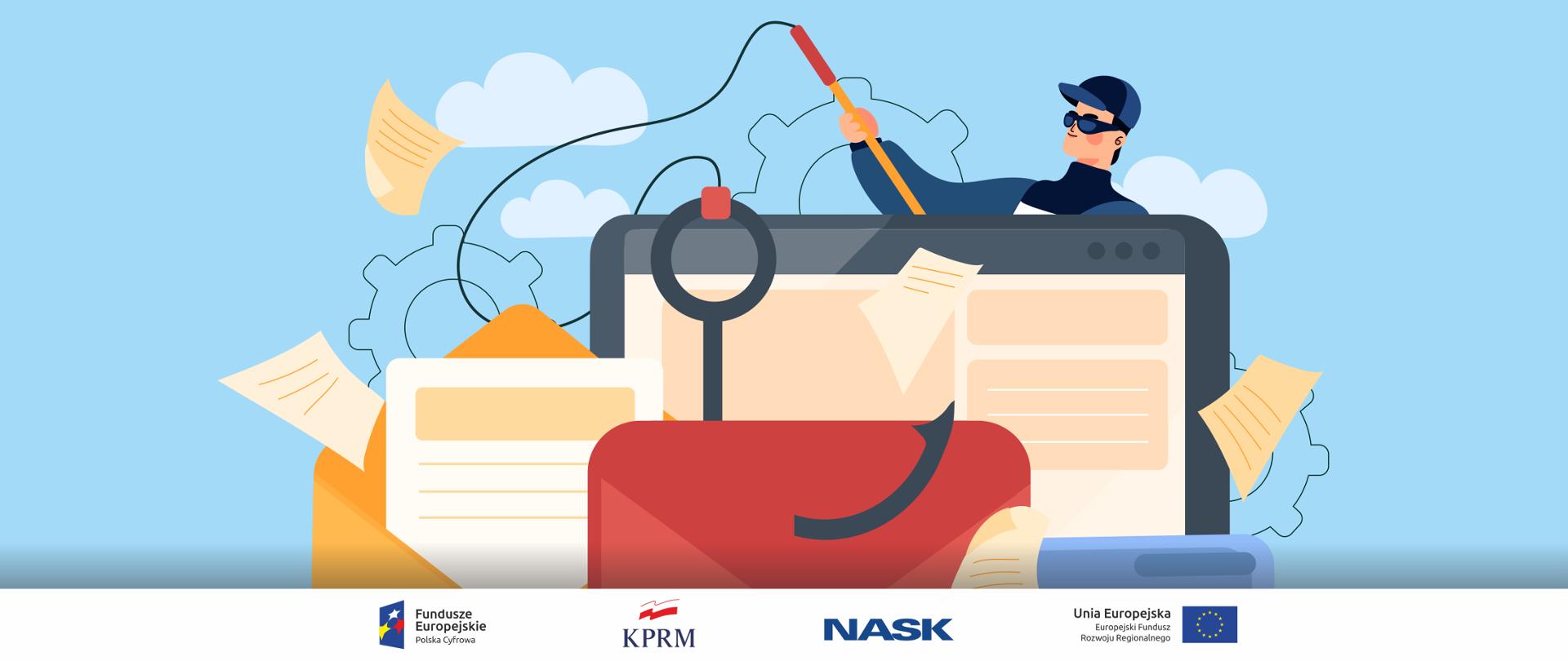 Kolorowa grafika wektorowa - ikony plików, wiadomości, komputera, za nimi cyberprzestępca z wędką.